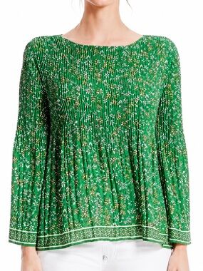 Max Studio Pleated Blouse Green Floral sz Medium